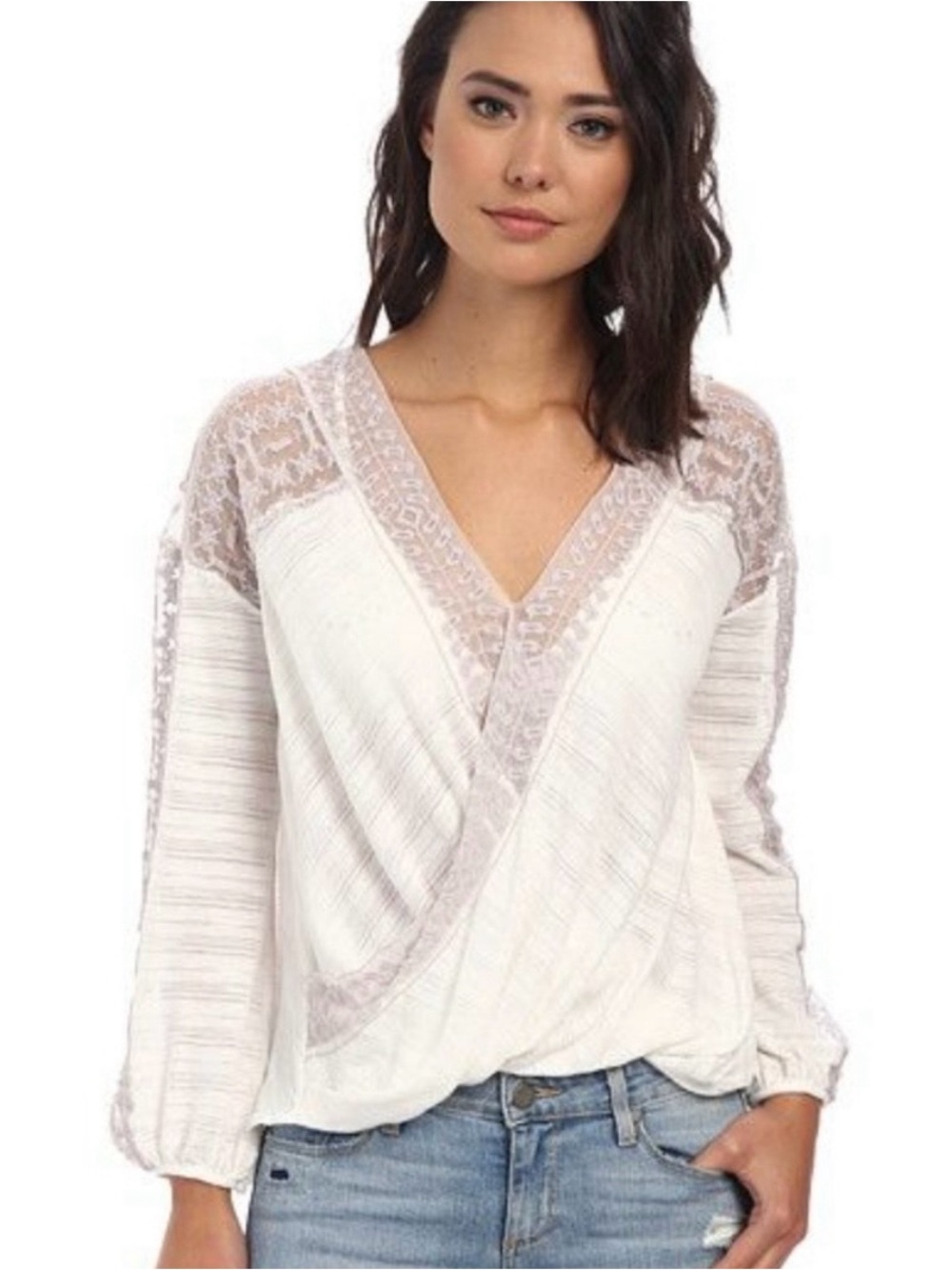 FREE PEOPLE PALE SURPLICE BLOUSE WITH LAVENDER LACE TRIM